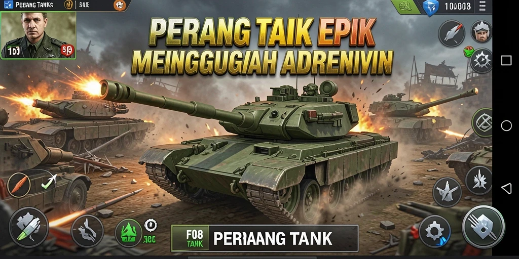 Antarmuka permainan F08 yang menawan dengan tank-tank siap tempur.