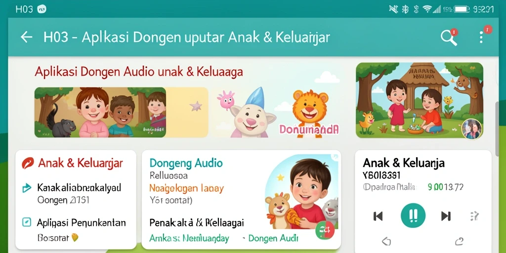 Tampilan antarmuka aplikasi H03 dengan berbagai pilihan dongeng audio.