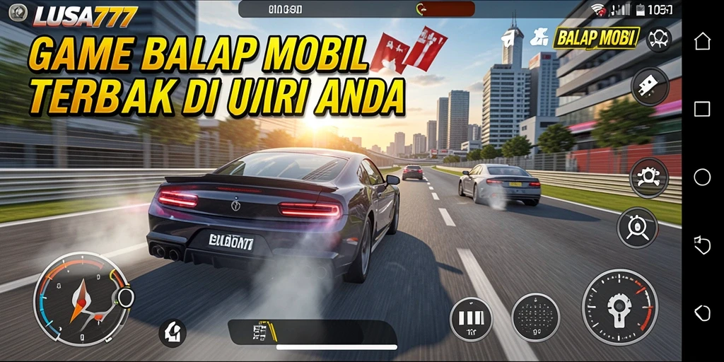 Antarmuka permainan LUSA777 yang menampilkan duel balap mobil yang cepat.