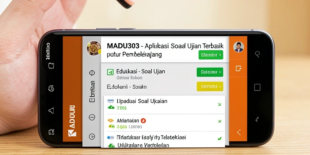Tampilan antarmuka aplikasi Soal Ujian MADU303 yang menarik dan interaktif.